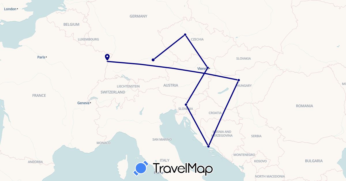 TravelMap itinerary: driving in Austria, Czech Republic, France, Croatia, Hungary, Slovenia (Europe)